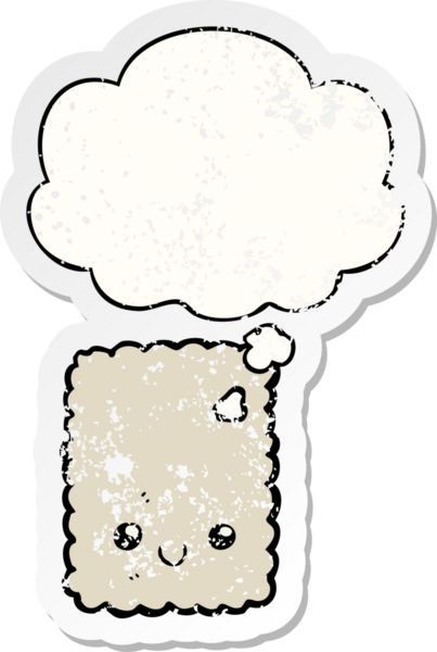 Düşünce baloncuklu çizgi film bisküvisi insan tarafından çizilmiş yıpranmış bir çıkartma.