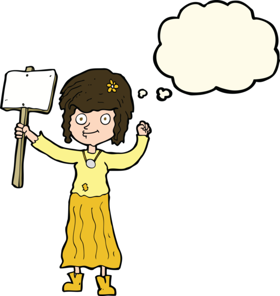 Bir insan tarafından çizilmiş düşünce balonlu protestolu hippi kız.