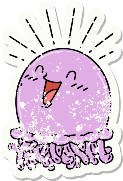 Dövme stili eski bir çıkartma. Bir insan tarafından çizilmiş mutlu denizanası.