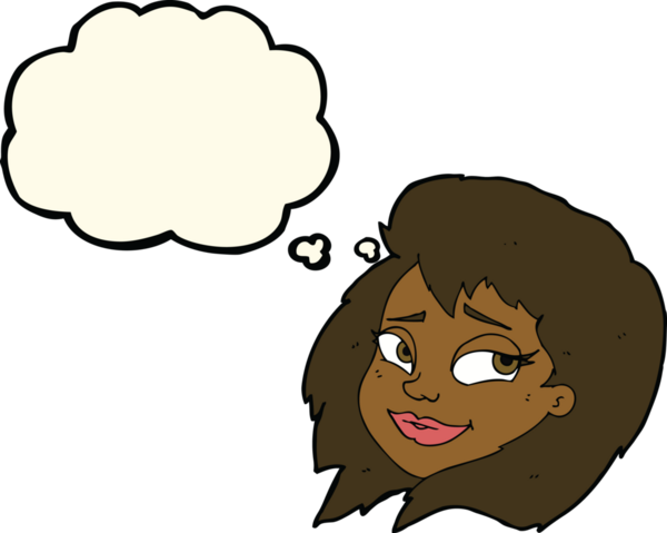 Bir insan tarafından çizilmiş düşünce baloncuklu mutlu kadın yüzü.