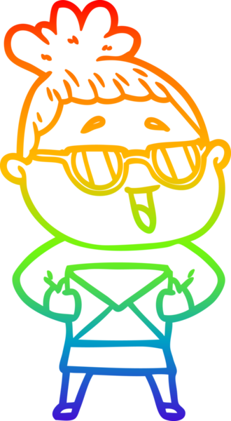 Bir insan tarafından çizilmiş gözlük takan mutlu bir kadının çizgi çizimi.