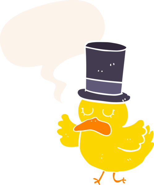 Çizgi film ördeği şapkalı, konuşma baloncuklu bir insan tarafından çizilmiş.