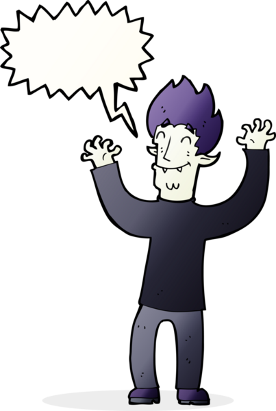 Bir insan tarafından çizilmiş konuşma balonlu mutlu vampir adam çizgi filmi.