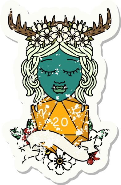 Retro Dövme Biçimi Yarı Ork Druid karakteri Bir insan tarafından çizilmiş doğal 20 zar ile