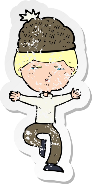 Bir insan tarafından çizilmiş kış şapkası giyen bir çizgi film karakterinin gerilimli retro çıkartması.