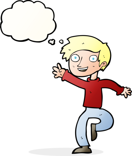 Bir insan tarafından çizilmiş düşünce baloncuğuyla dans eden heyecanlı çocuk.