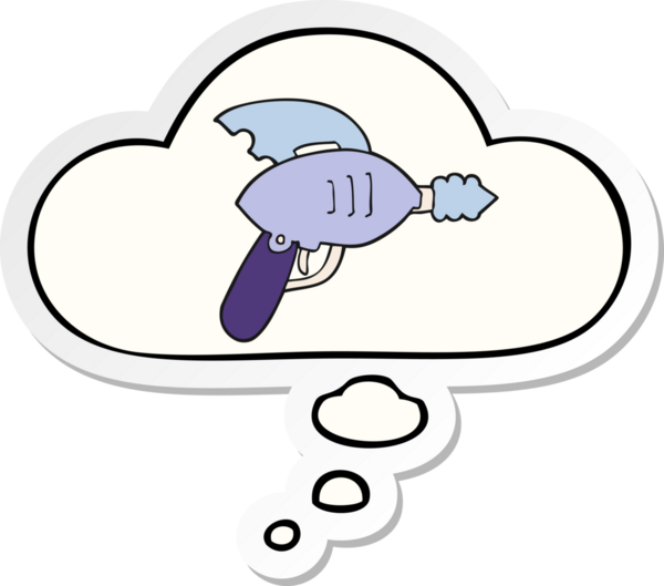 Düşünce baloncuklu çizgi film ışın tabancası insan tarafından çizilmiş bir çıkartma.