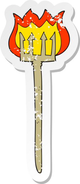 Bir insan tarafından çizilmiş alevli şeytan çatalının retro sıkıntılı çıkartması.