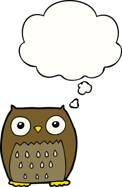 Bir insan tarafından çizilmiş düşünce baloncuklu çizgi film baykuşu