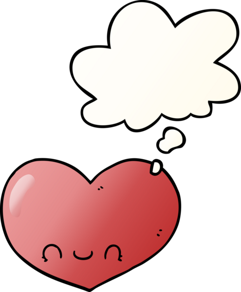 Karikatür, insan tarafından çizilmiş düşünce baloncuklu kalp karakterini sever.