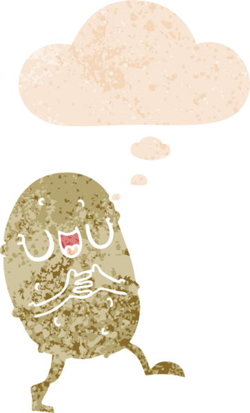 Düşünce baloncuklu çizgi film mutlu patates grunge sıkıntılı retro stil bir insan tarafından çizilmiş