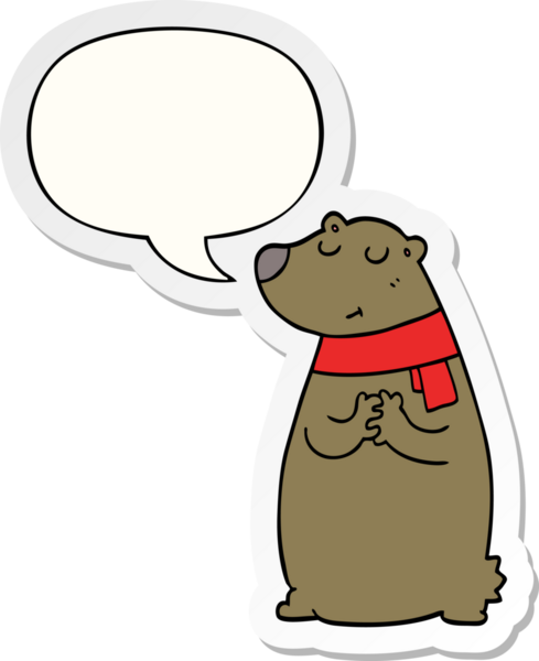 Bir insan tarafından çizilmiş balon etiketli bir eşarp takan çizgi film ayısı.