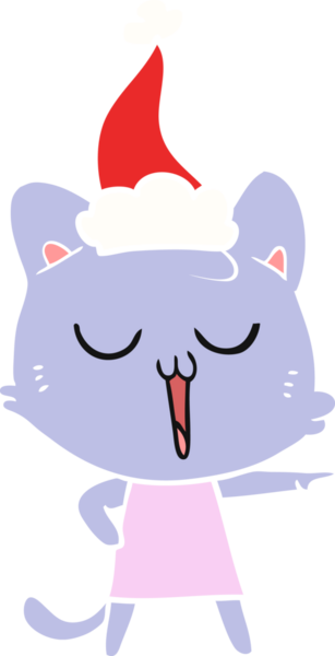 Bir insan tarafından çizilmiş Noel Baba şapkası takan bir kedinin düz renkli çizimi.