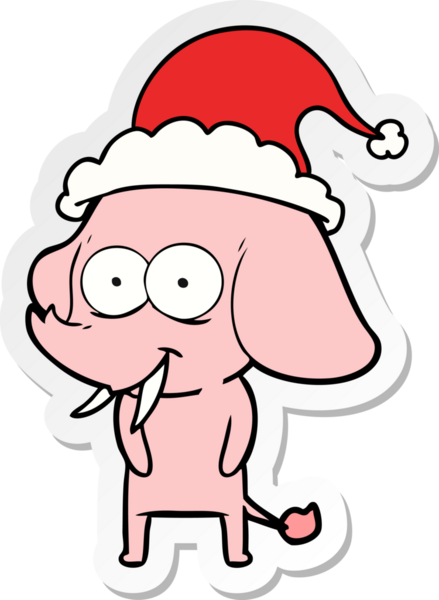 Mutlu el çizimi bir insan tarafından çizilmiş Noel Baba şapkası takan bir fil.