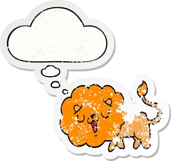 Düşünce baloncuğu olan sevimli çizgi film aslanı bir insan tarafından çizilmiş yıpranmış bir çıkartma.