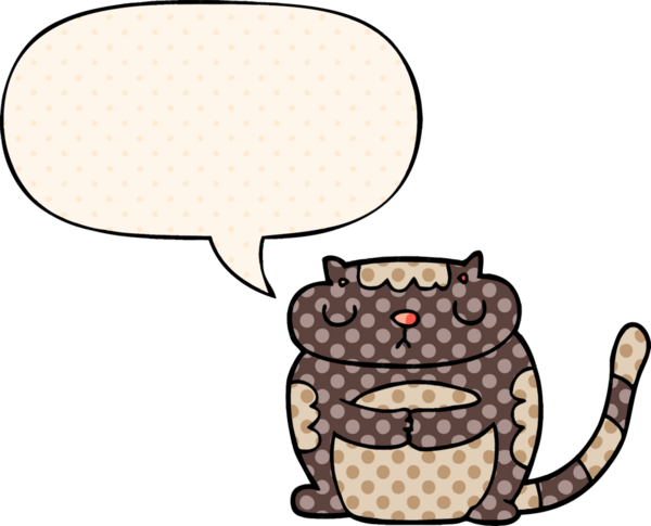 Bir insan tarafından çizilmiş çizgi roman tarzında konuşma balonu olan sevimli bir çizgi film kedisi.