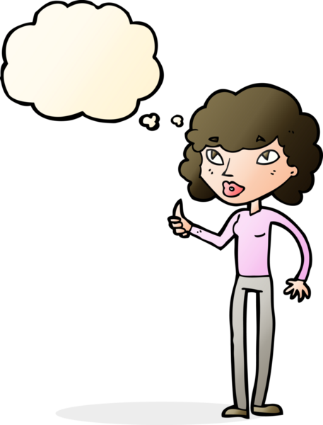 Bir insan tarafından çizilmiş düşünce baloncuğuyla baş parmağıyla işaret veren çizgi film kadını.