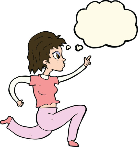 Bir insan tarafından çizilmiş düşünce balonuyla koşan ve işaret eden çizgi film kadını.