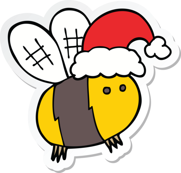 Bir insan tarafından çizilmiş Noel şapkası takan sevimli bir çizgi film arısının çıkartması.