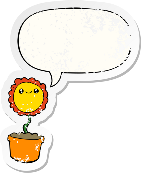 Konuşma baloncuğu olan karikatür çiçeği bir insan tarafından çizilmiş sıkıntılı eski bir çıkartma