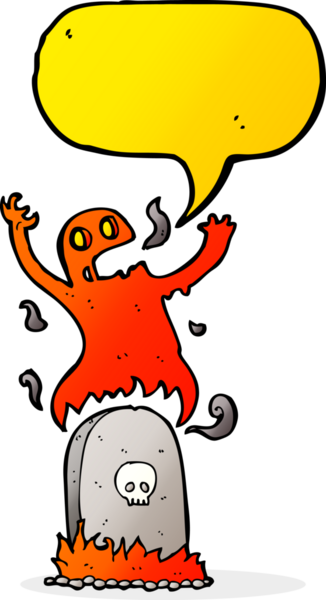 Bir insan tarafından çizilmiş konuşma balonuyla mezardan yükselen karikatür hayaleti.