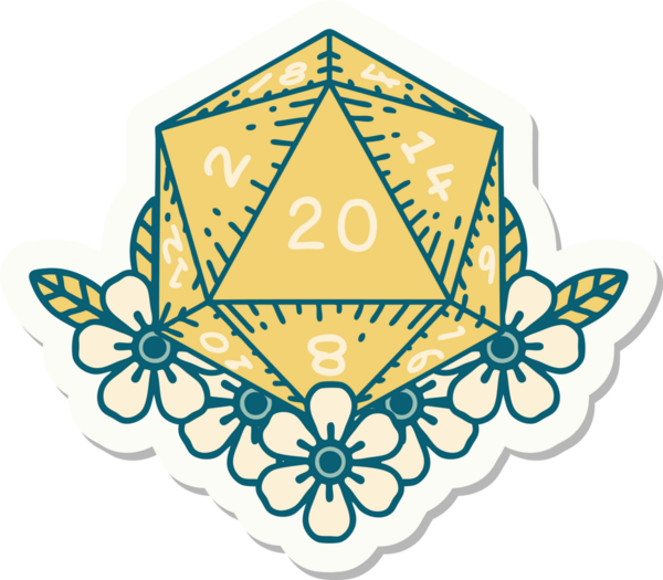 Bir insan tarafından çizilmiş 20 D20 zarının etiketi.