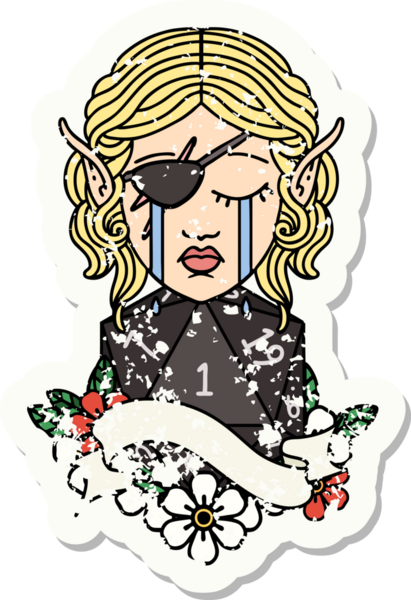 Ağlayan bir elf karakterinin grunge sticker 'ı. Doğal bir D20 ruloyla bir insan tarafından çizilmiş.