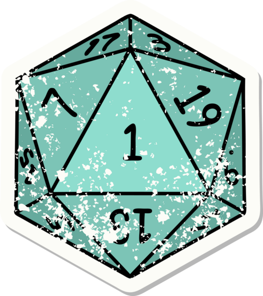 Bir insan tarafından çizilmiş 1 D20 zarının grunge sticker 'ı