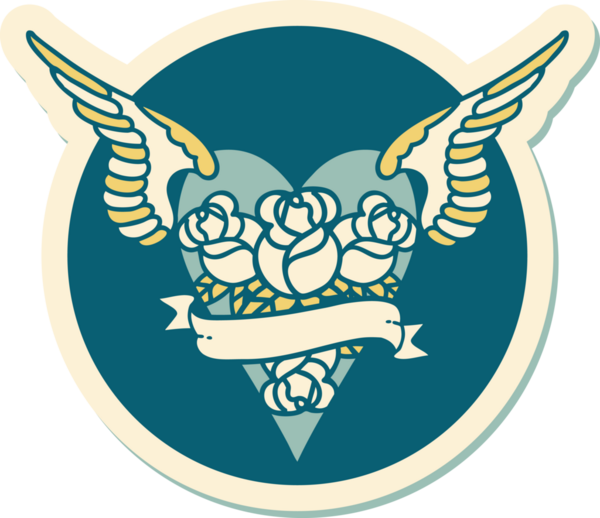 Geleneksel bir dövme stili. Uçan kalp. Çiçekler ve bir insan tarafından çizilmiş bayrak.