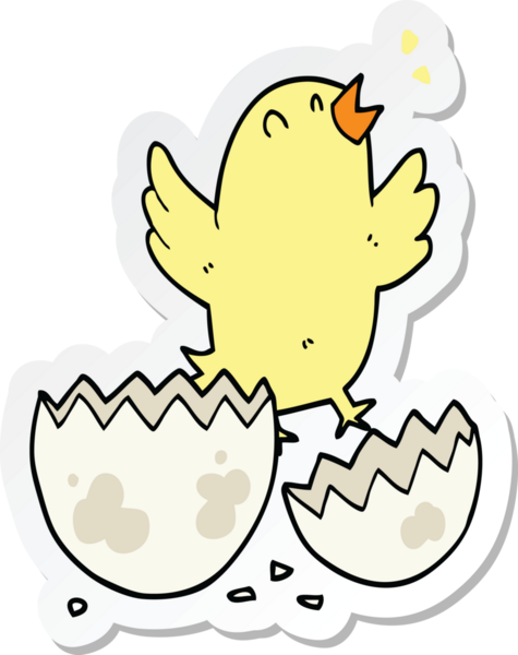 Bir insan tarafından çizilmiş yumurtadan çıkan çizgi film kuşunun çıkartması.