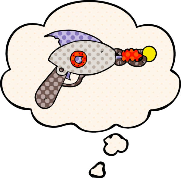 Çizgi roman tarzında bir insan tarafından çizilmiş düşünce baloncuklu bir ışın tabancası.