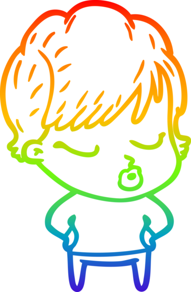 Gökkuşağı gradyan çizgi çizimi bir insan tarafından çizilmiş gözleri olan bir karikatür kadın