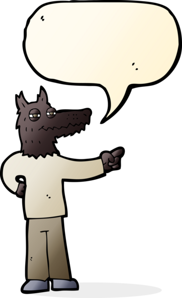 Bir insan tarafından çizilmiş konuşma balonuyla kurt adamı gösteren çizgi film.