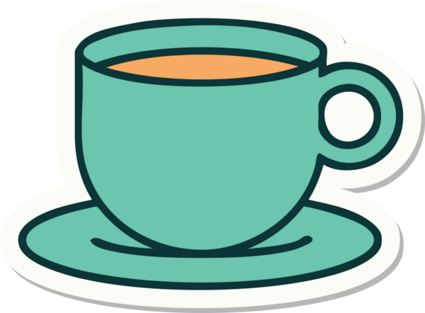 Bir insan tarafından çizilmiş bir fincan kahvenin geleneksel stiliyle dövme çıkartması.