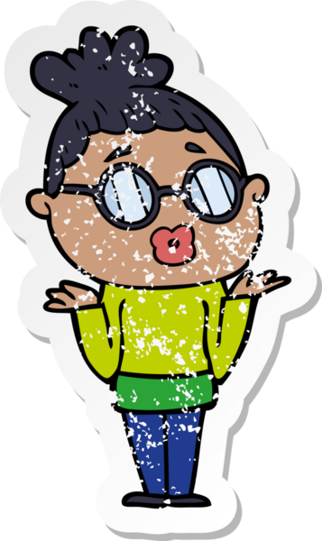 Bir insan tarafından çizilmiş gözlüklü, kafası karışmış bir karikatür çıkartması.