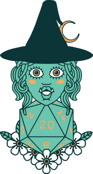 Retro Dövme Biçimi Yarı Ork Cadı Bir insan tarafından çizilmiş 20 zar ile