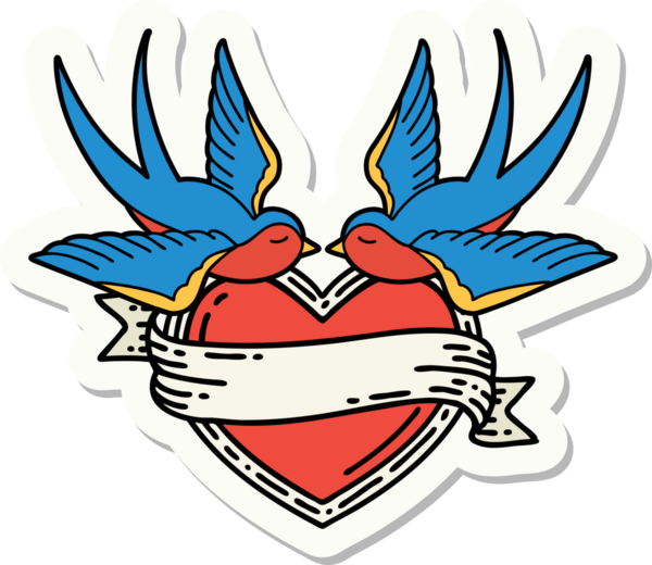 Geleneksel kırlangıç stili dövme çıkartması ve bir insan tarafından çizilmiş sancaklı bir kalp.