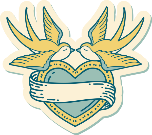 Geleneksel kırlangıç stili dövme çıkartması ve bir insan tarafından çizilmiş sancaklı bir kalp.