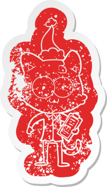 Garip bir çizgi film, insan tarafından çizilmiş Noel Baba şapkası giymiş, şaşırmış bir ofis çalışanı kedinin çıkartması.