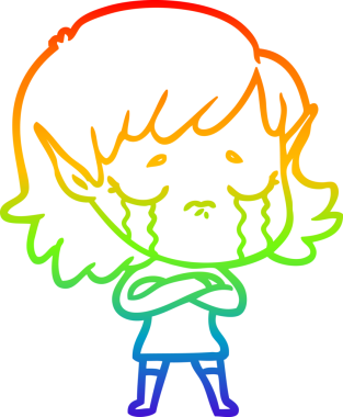 Gökkuşağı gradyan çizgi çizimi Bir insan tarafından çizilmiş ağlayan elf kızı