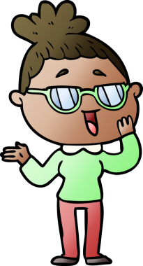 Bir insan tarafından çizilmiş gözlüklü mutlu kadın çizgi filmi.