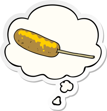 Düşünce baloncuklu çubuk üzerinde çizgi film sosislisi insan tarafından çizilmiş bir çıkartma.