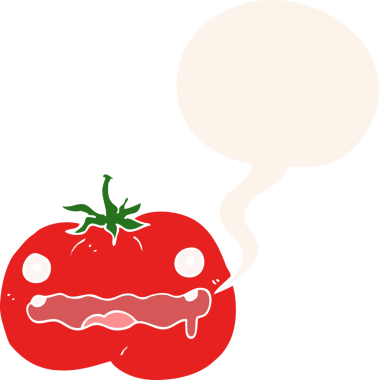 bir insan tarafından çizilmiş, konuşma baloncuklu çizgi film domatesi