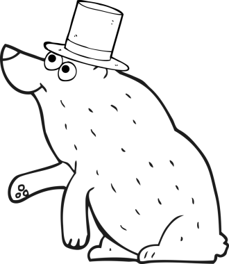 Bir insan tarafından çizilmiş silindir şapkalı siyah beyaz çizgi film ayısı.