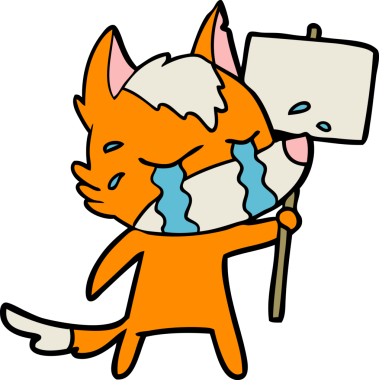 Bir insan tarafından çizilmiş protesto işareti olan üzgün küçük tilki çizgi film karakteri.