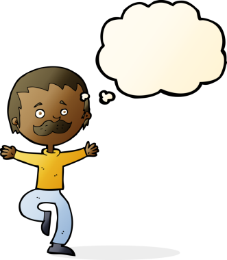 Bir insan tarafından çizilmiş düşünce baloncuklu bıyıklı çizgi film dansçısı.