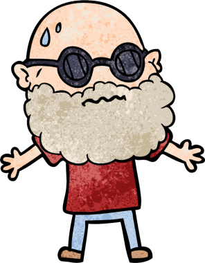 Bir insan tarafından çizilmiş sakallı ve güneş gözlüklü endişeli bir adam.