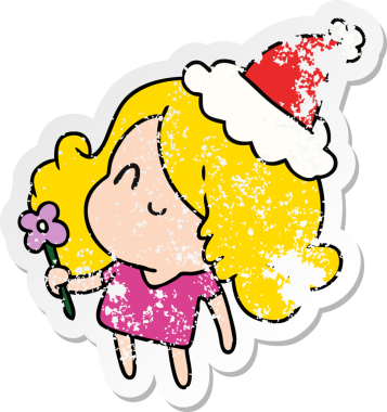 Bir insan tarafından çizilmiş Kawai kızının, sıkıntılı bir Noel çıkartması.