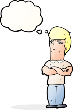 Bir insan tarafından çizilmiş düşünce baloncuğuyla kollarını kavuşturmuş, rahatsız bir adam.