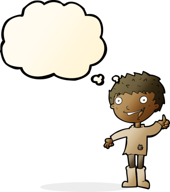 Bir insan tarafından çizilmiş düşünce baloncuğu olan heyecanlı çocuk.